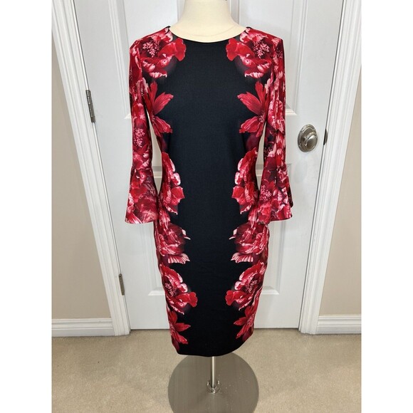 Calvin Klein womens Red Floral Black Bell Sleeve knee length Sheath Dress size 4 - Picture 1 of 11